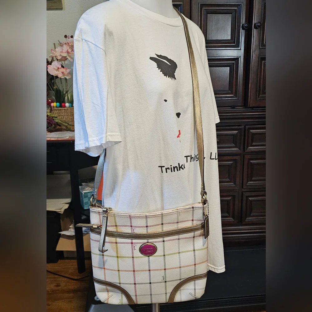 Coach White Plaid Crossbody Bag with Gold Trim